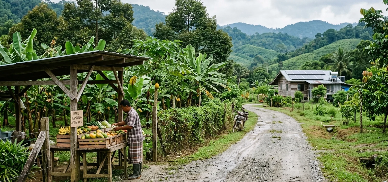 Rural Malaysian smallholder roadside produce station with neighboring solar-powered off-grid homestead and gravel access road
