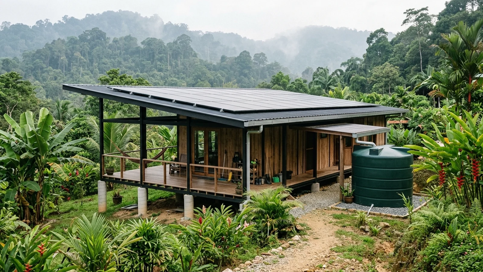 Modern off-grid elevated timber and steel pavilion homestead with solar roof and rainwater harvesting in rural Malaysia