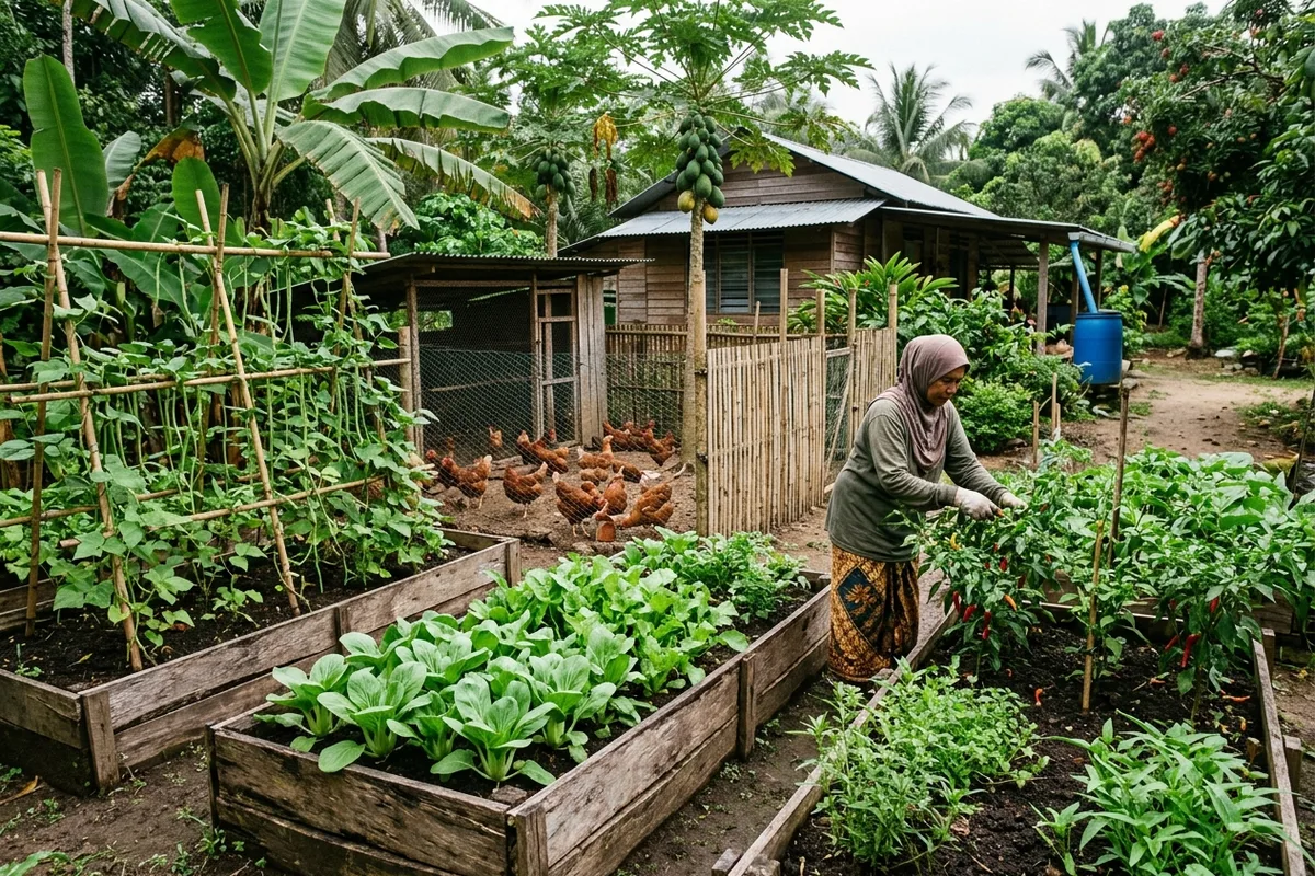 Homestead vegetable garden with raised beds, climbing beans, and poultry in rural Malaysia