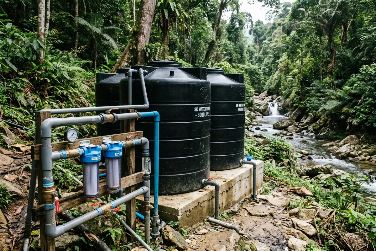 Off-grid river water storage tanks and filtration manifold on a forested Malaysian hillside