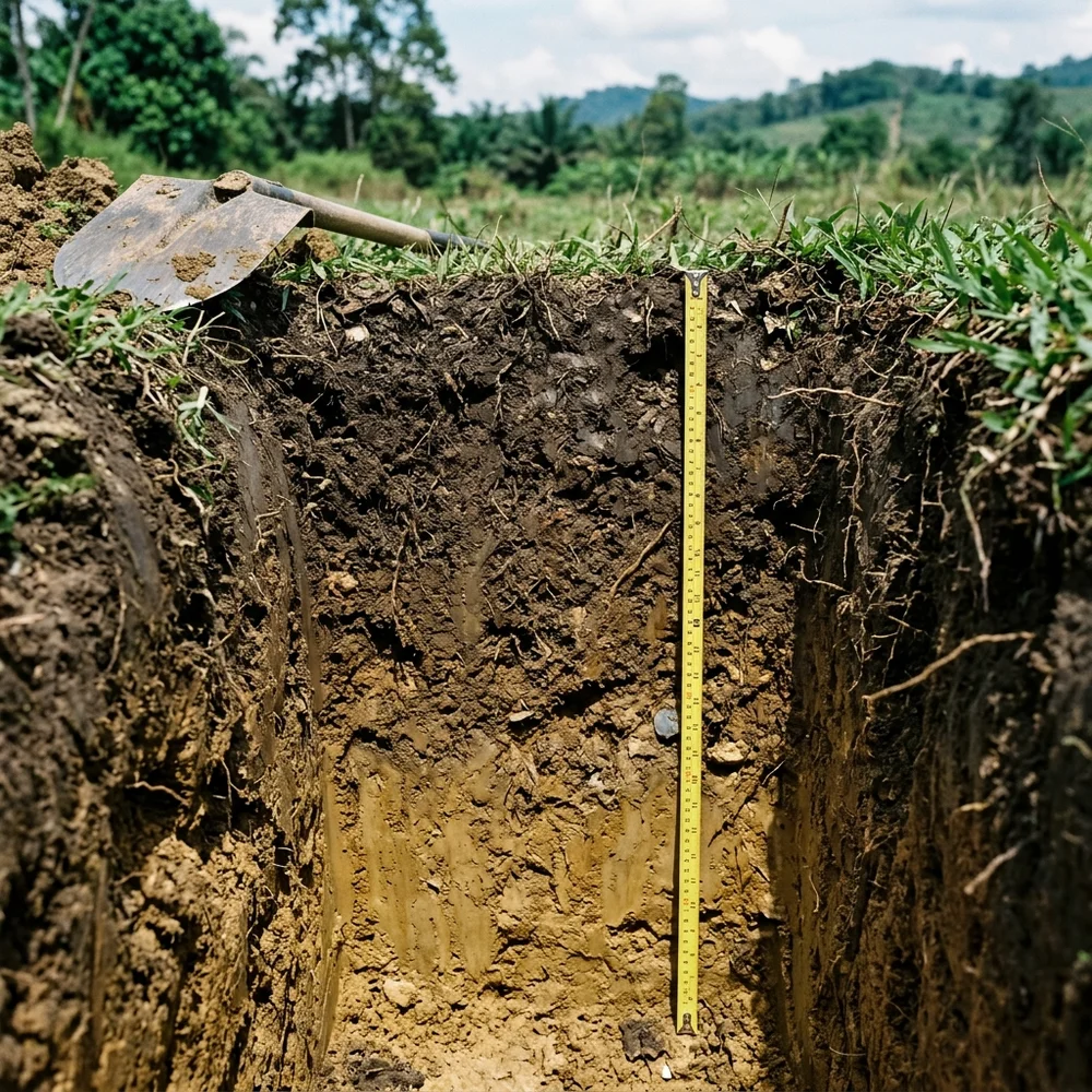 Soil test pit 2 showing 80 cm deep organic loam profile with measuring tape