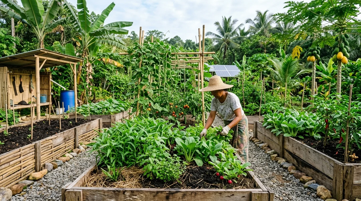 Lush tropical raised vegetable beds with bok choy, kangkung, and climbing long bean trellises